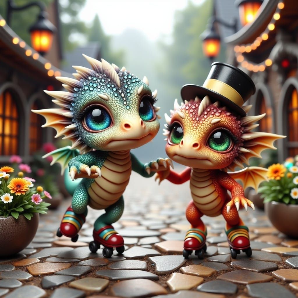 Baby Dragons Roller Skating in Victorian Village