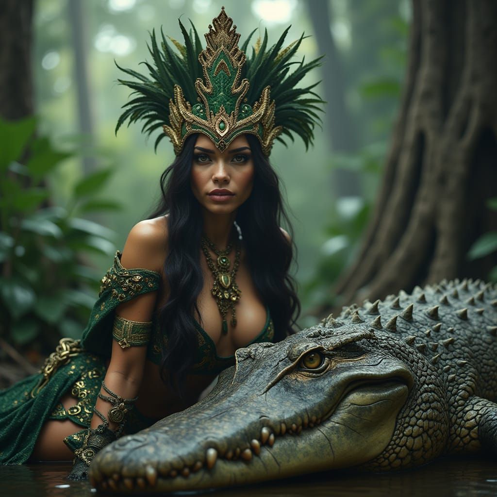 Surreal Jungle Queen Megan Fox Poses with Futuristic Crocodi...