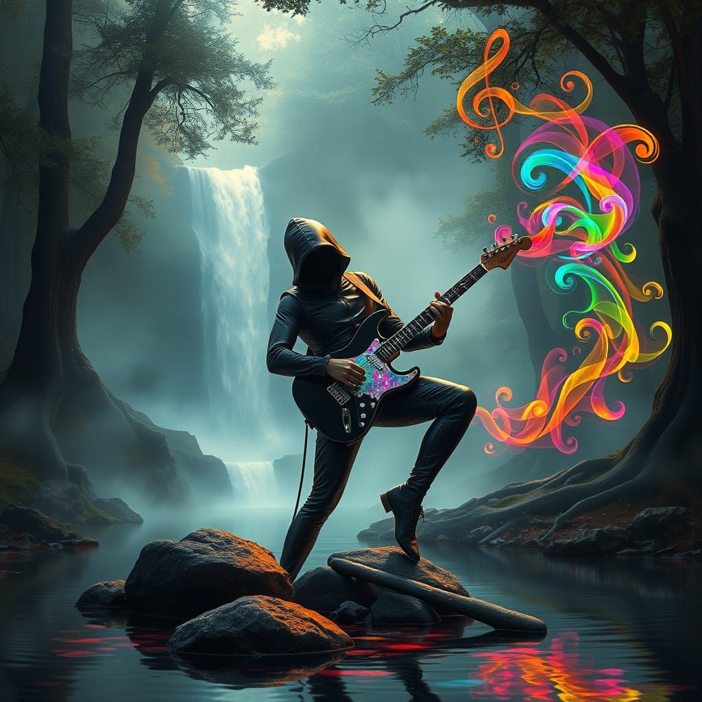 Guitarist in Latex Plays Colorful Music in Misty Forest