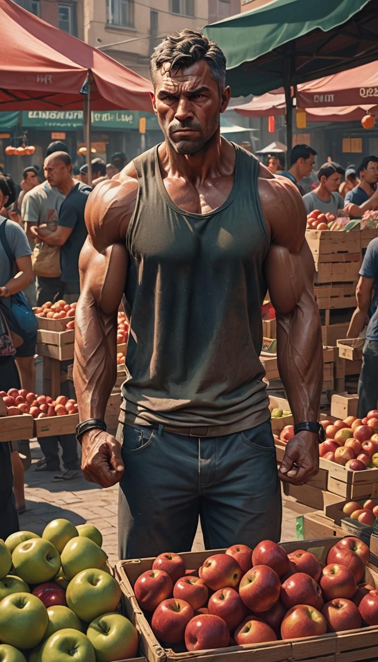 Muscular Man Selling Apples in Hyperrealistic Style