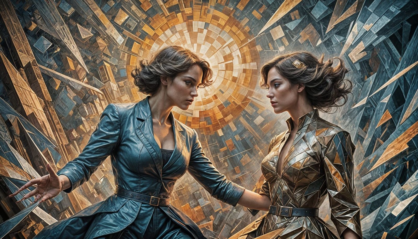 Cosmic Clash of Energies in Vibrant Cubist Surrealism