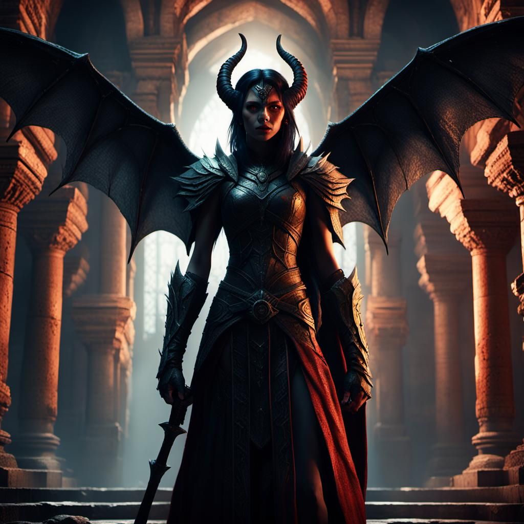 Dark Fantasy Demon Operative in Ancient Temple