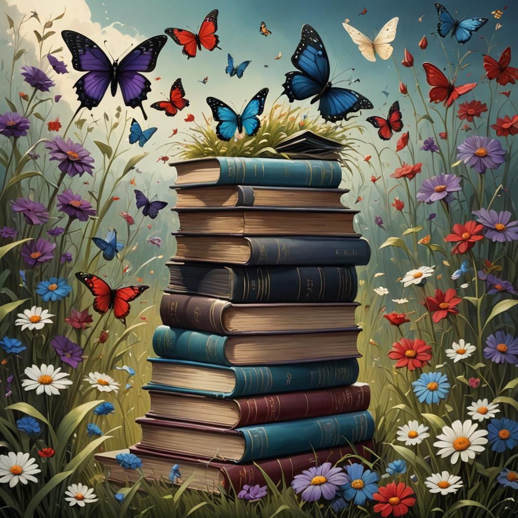 Whimsical Book Stack in Grassy Meadow