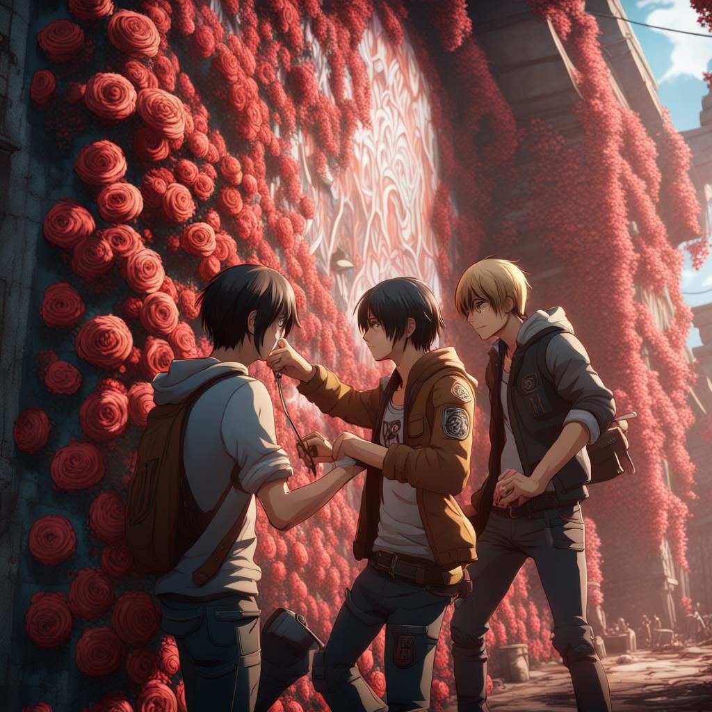 Eren Mikasa and Armin doing graffiti on the rose wall