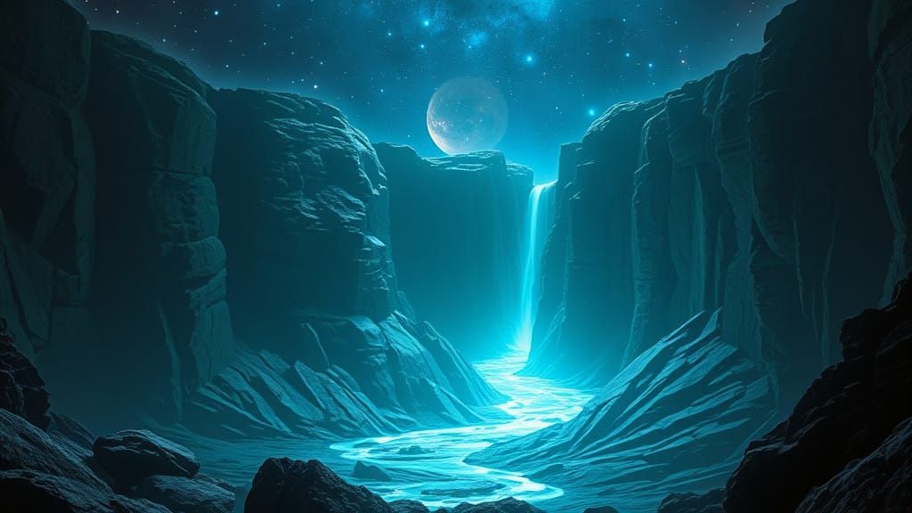 Surreal Subterranean Landscape with Neon Blue Lights and Geo...