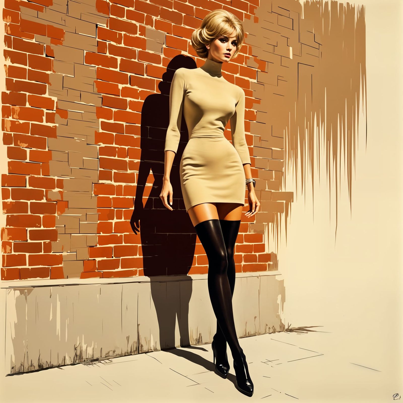 Blonde Woman in Beige Dress with Abstract Shadow