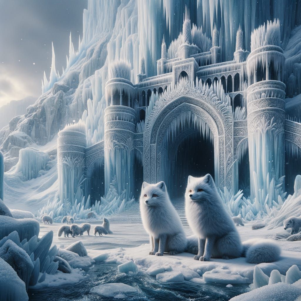 Regal Arctic Foxes in Majestic Ice Palace