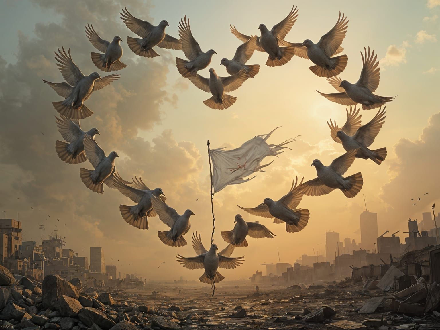 Peaceful Doves Unite Over War Torn Land in Heart Shaped Form...