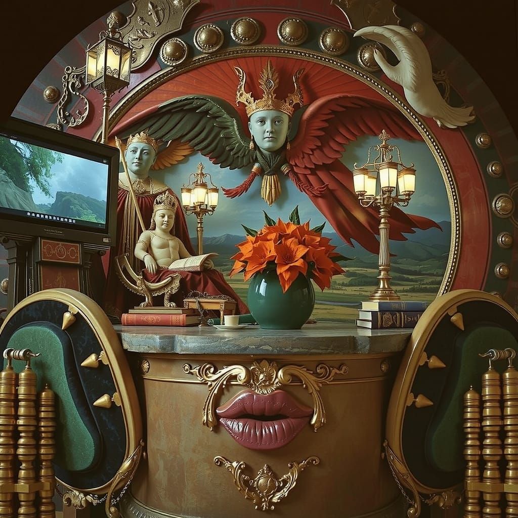 Philosophical Figure Stands atop Mountain, Looking Out at Su...