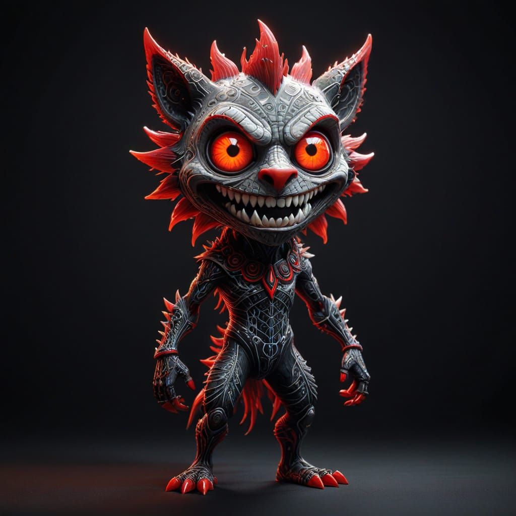 Monochromatic ornate red siver  cartoon caricature creature