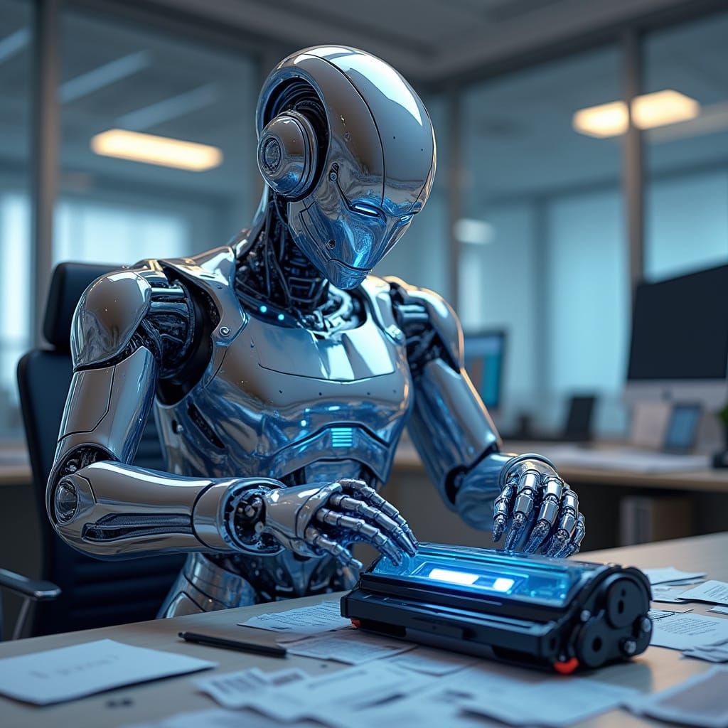 Shiny Robot Refills Toner Cartridge in Futuristic Office