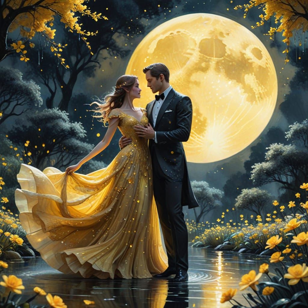 Waltzing Couple in Moonlit Garden: Watercolor Art