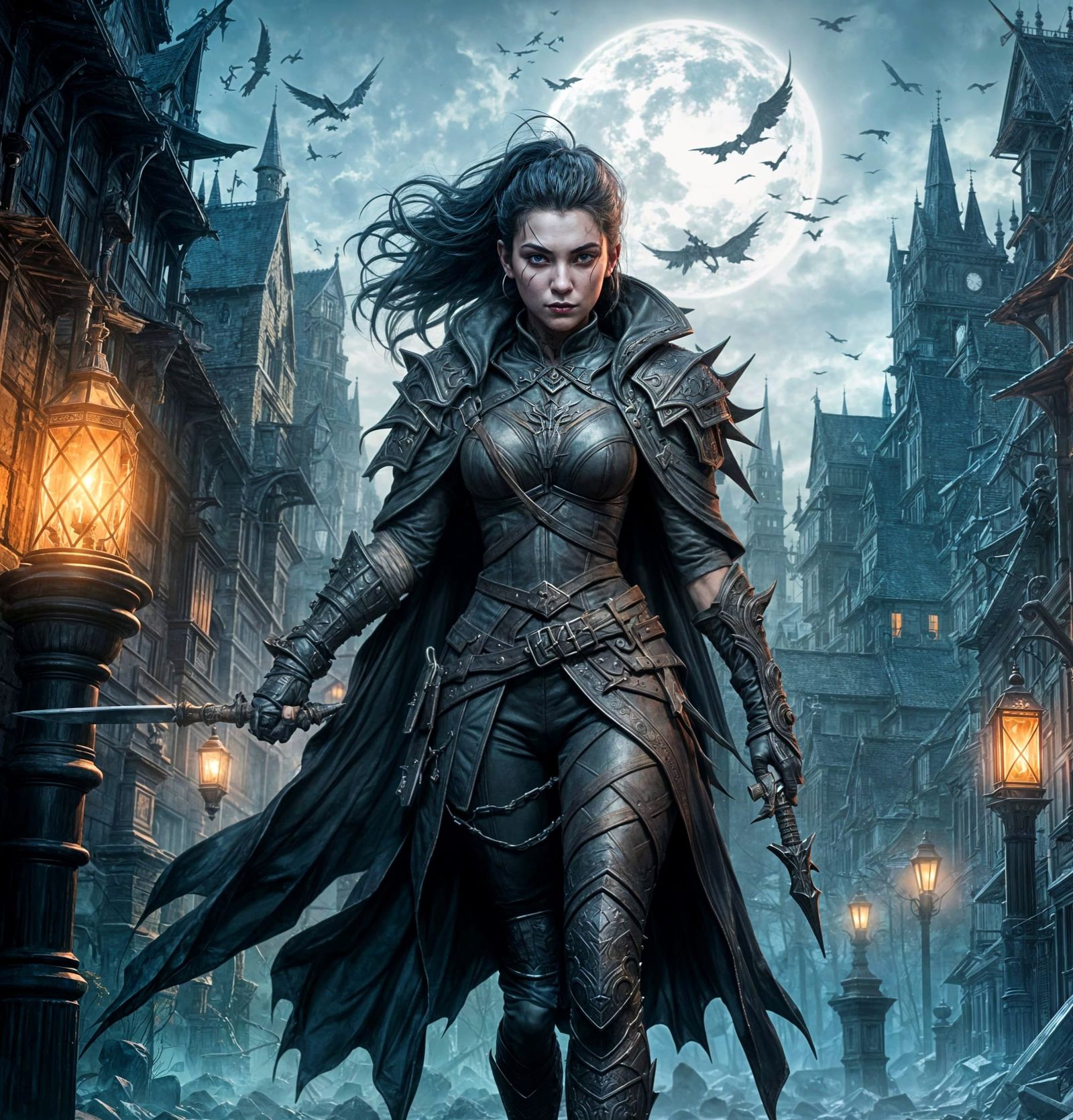 Gothic Assassin Chases Down Foes in Dark Fantasy Landscape