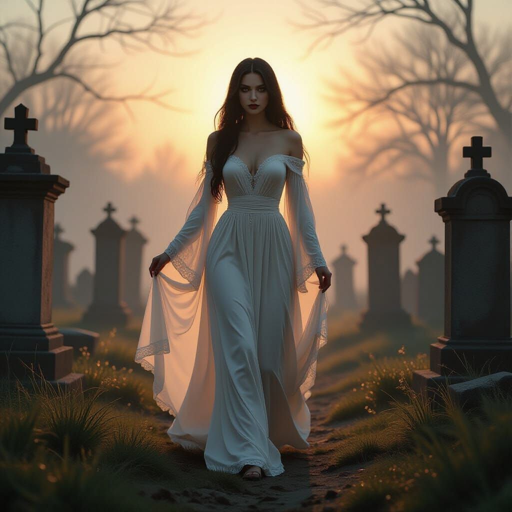 Ghostly Woman in Cemetery at Dawn Dark Fantasy Art