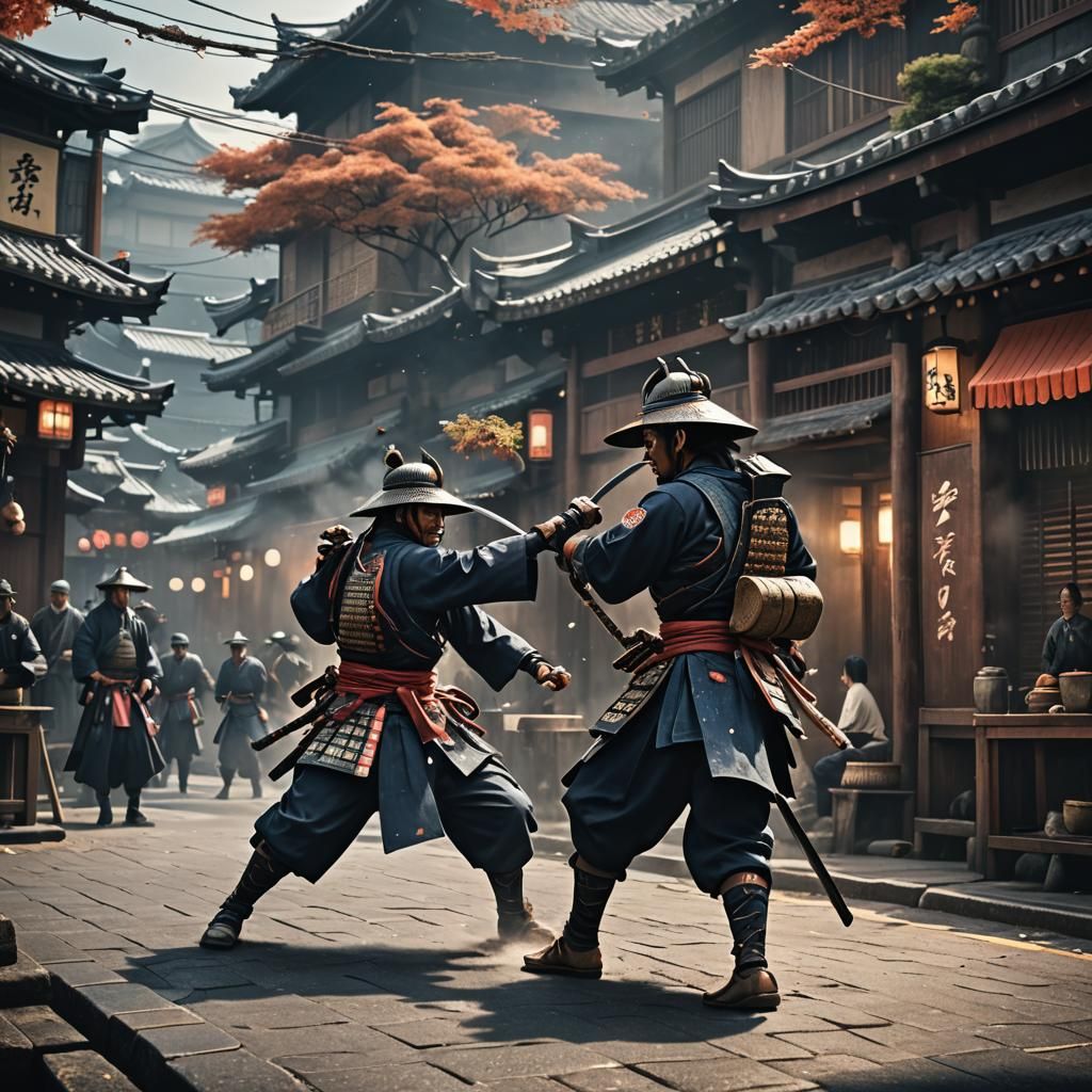 Samurai Battle on Japanese Street, Detailed Digital Art