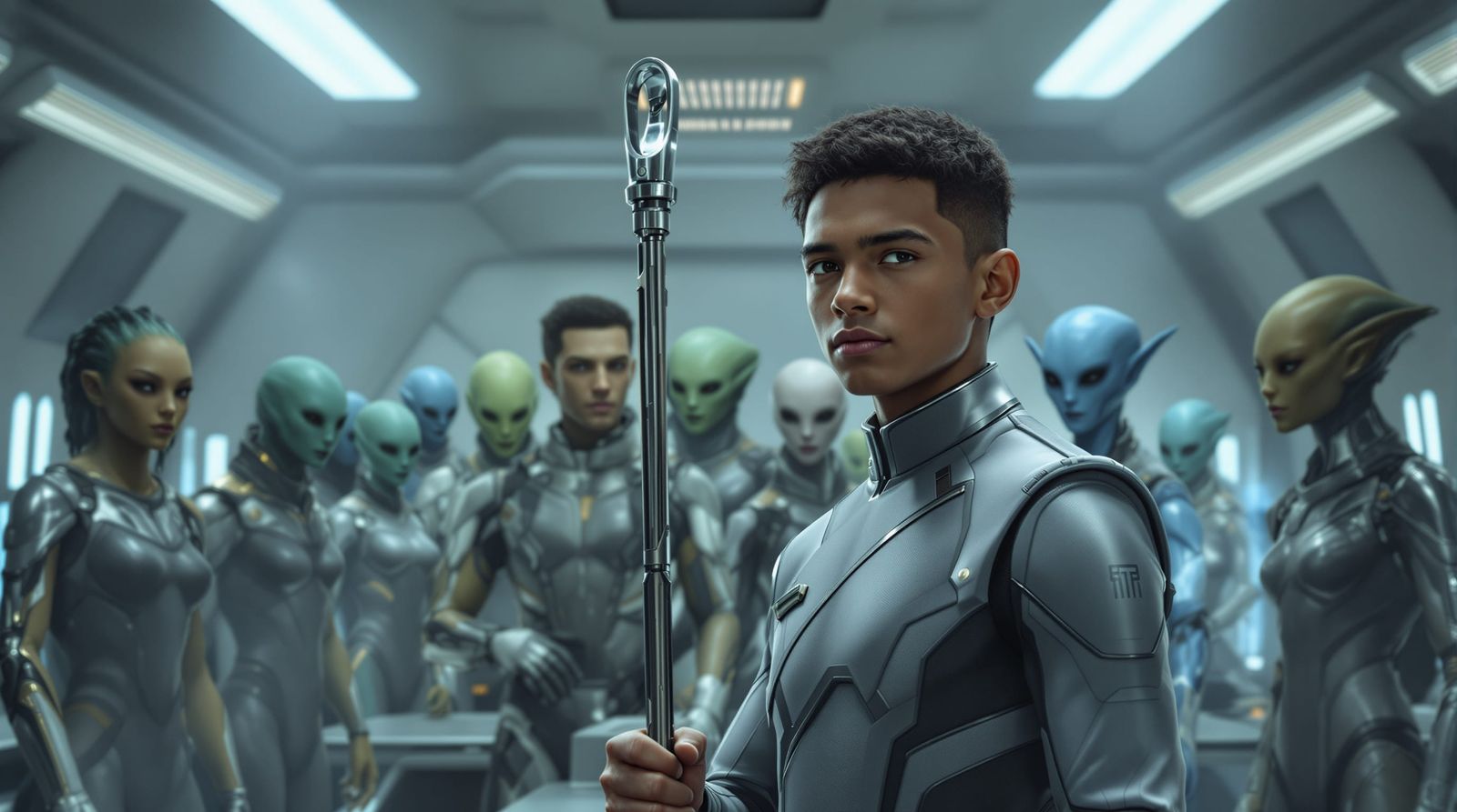 Futuristic Academy Classroom with Human and Alien Students