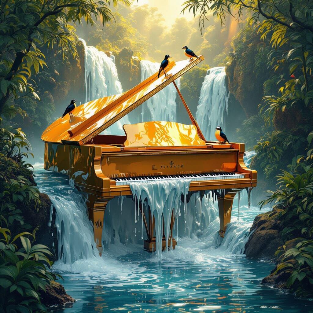 Surreal Melting Piano Waterfall in Jungle