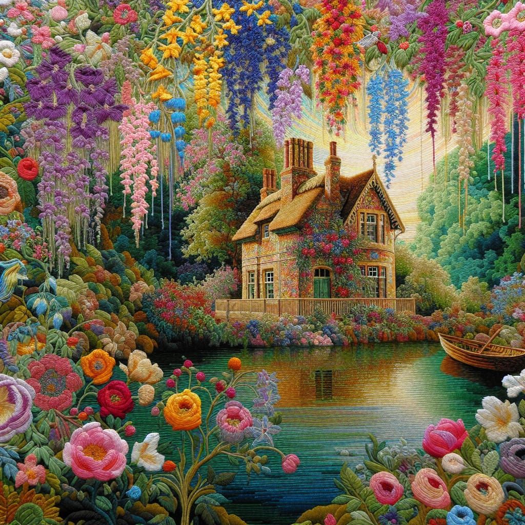 Vibrant Lakeside Textile Art in Romantic Style