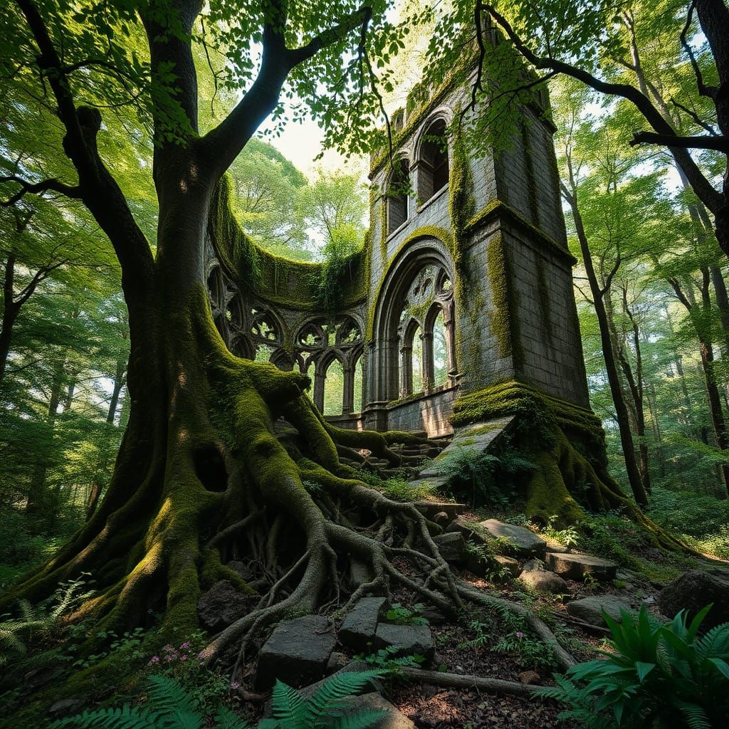 Ruined Stone Tower in Summer Forest, Photorealistic