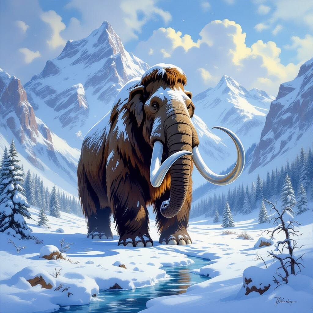 Majestic Woolly Mammoth in Snowy Valley, Dramatic Painting