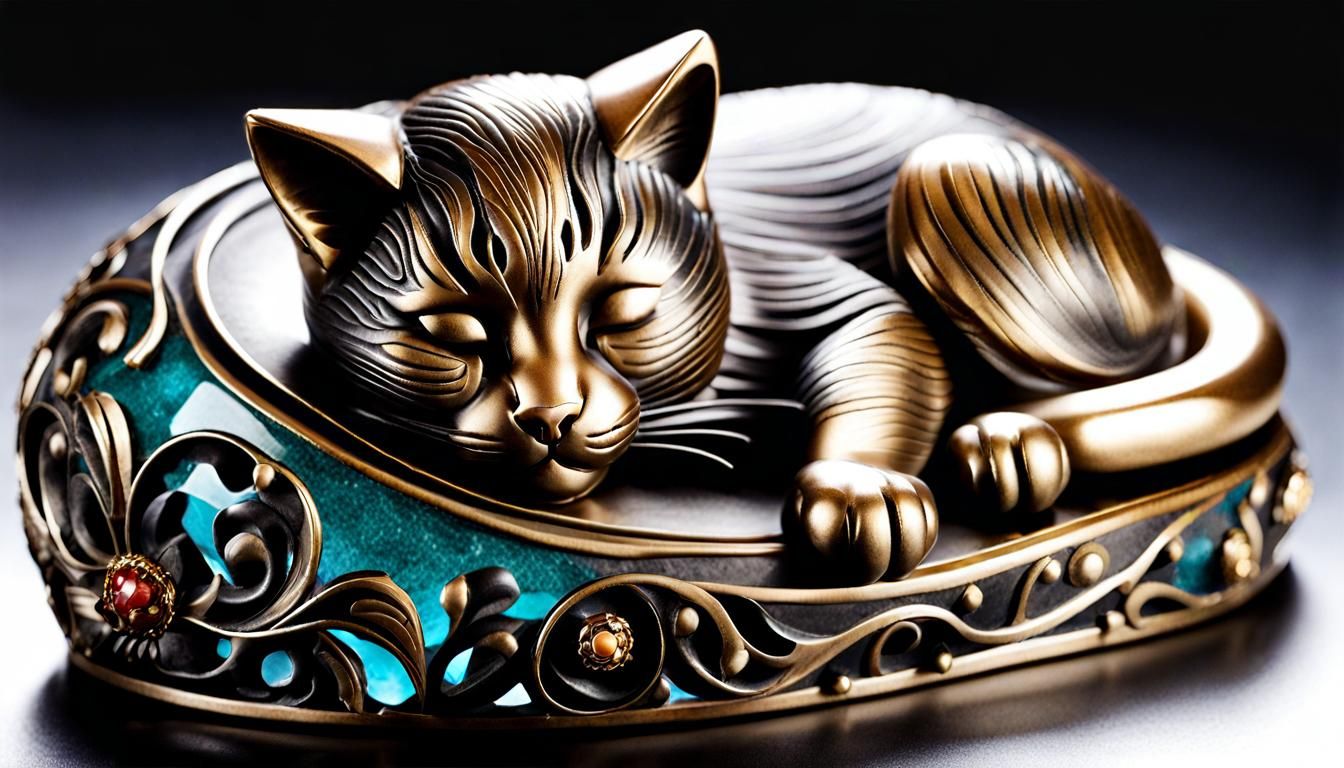 Spectrolite Gemstone Kitten Sculpture Sleeping Peacefully