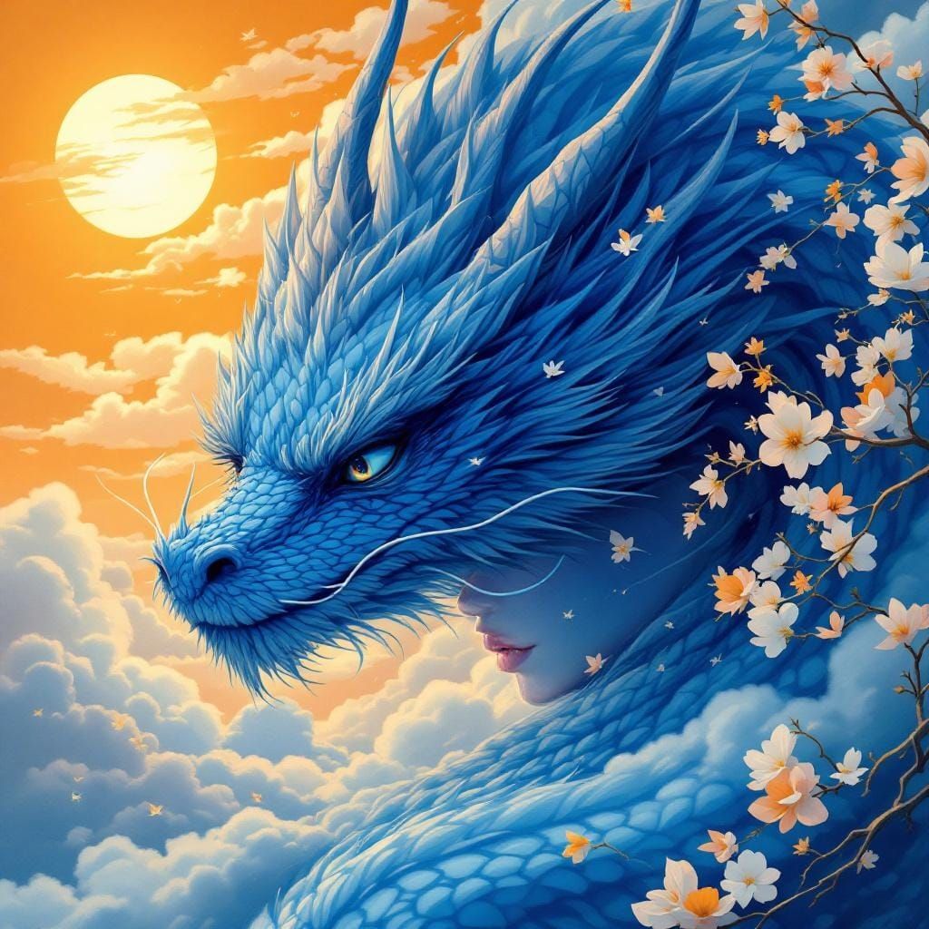 Woman With Azure Dragon Amidst Clouds