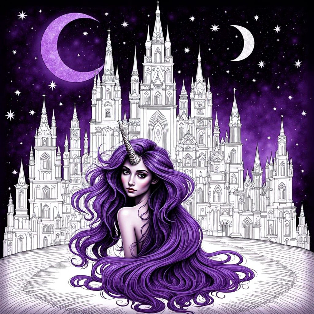 Monochrome Unicorn with Castle in Violet, Black, and White