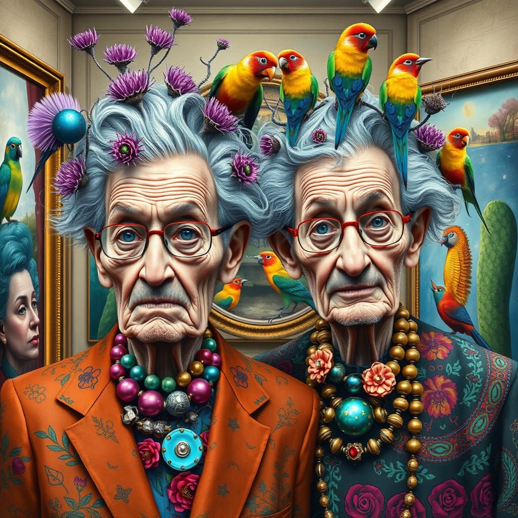 Elderly Couple in Vibrant, Surrealist Art Gallery Wonderland