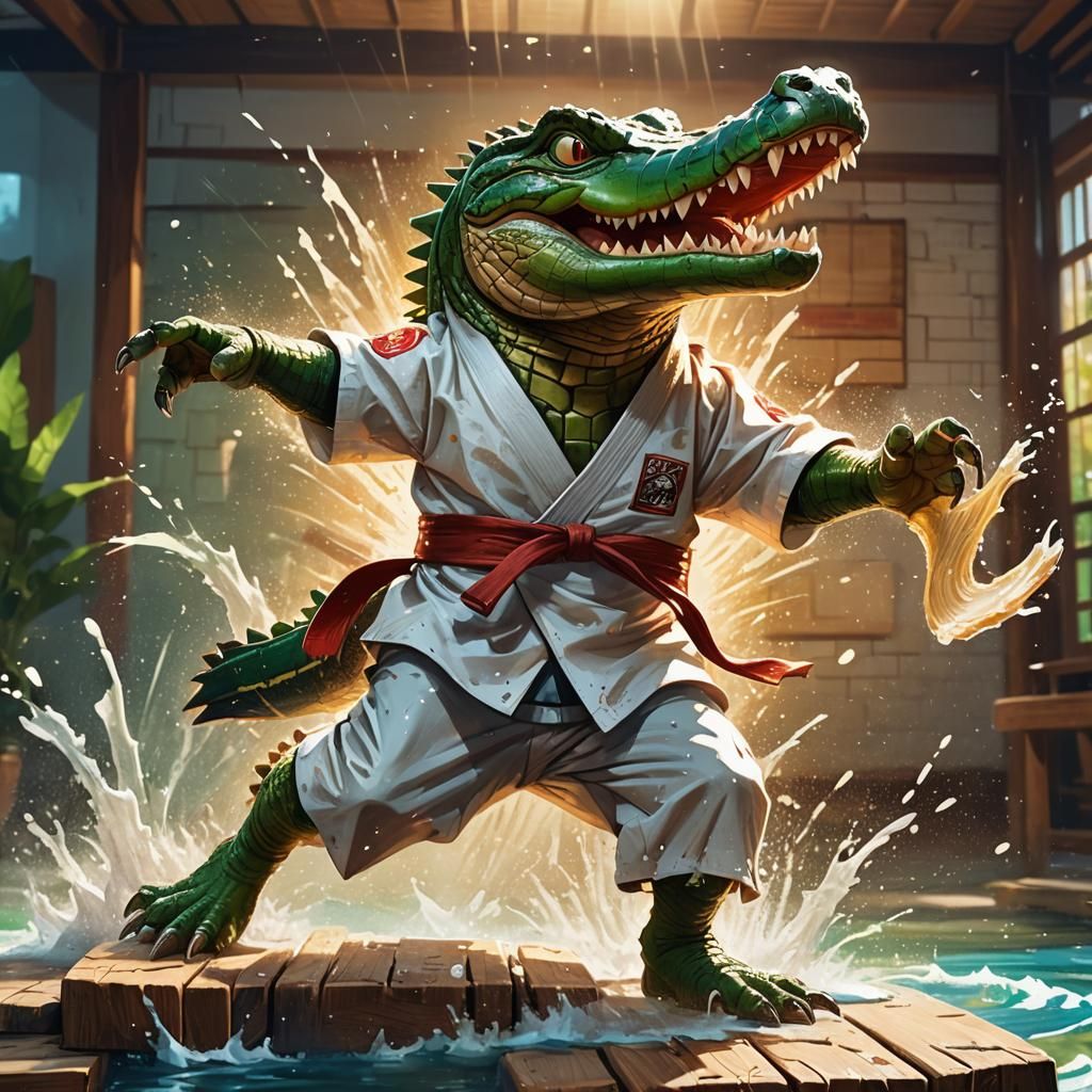 Smiling Crocodile Breaks Board with Karate Kick