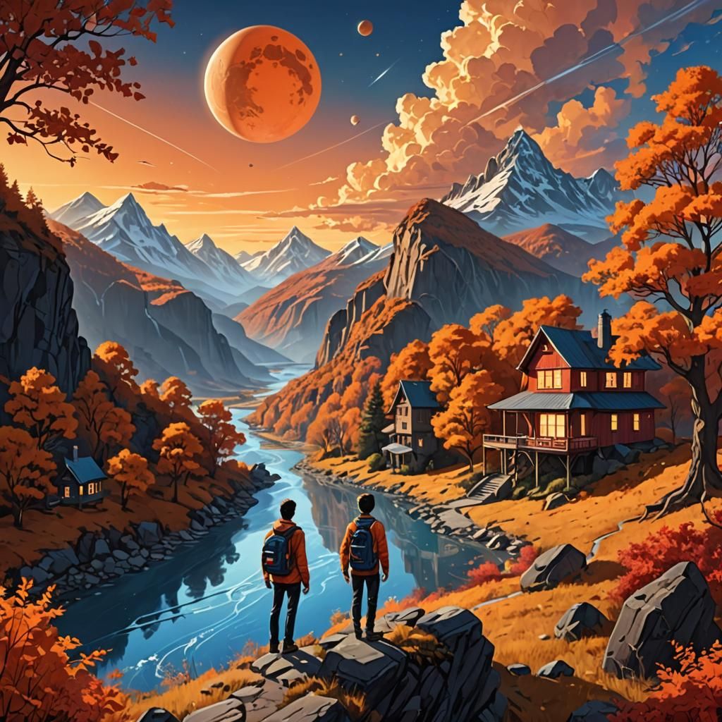 Surreal Landscape with Spacecraft and Autumn Foliage