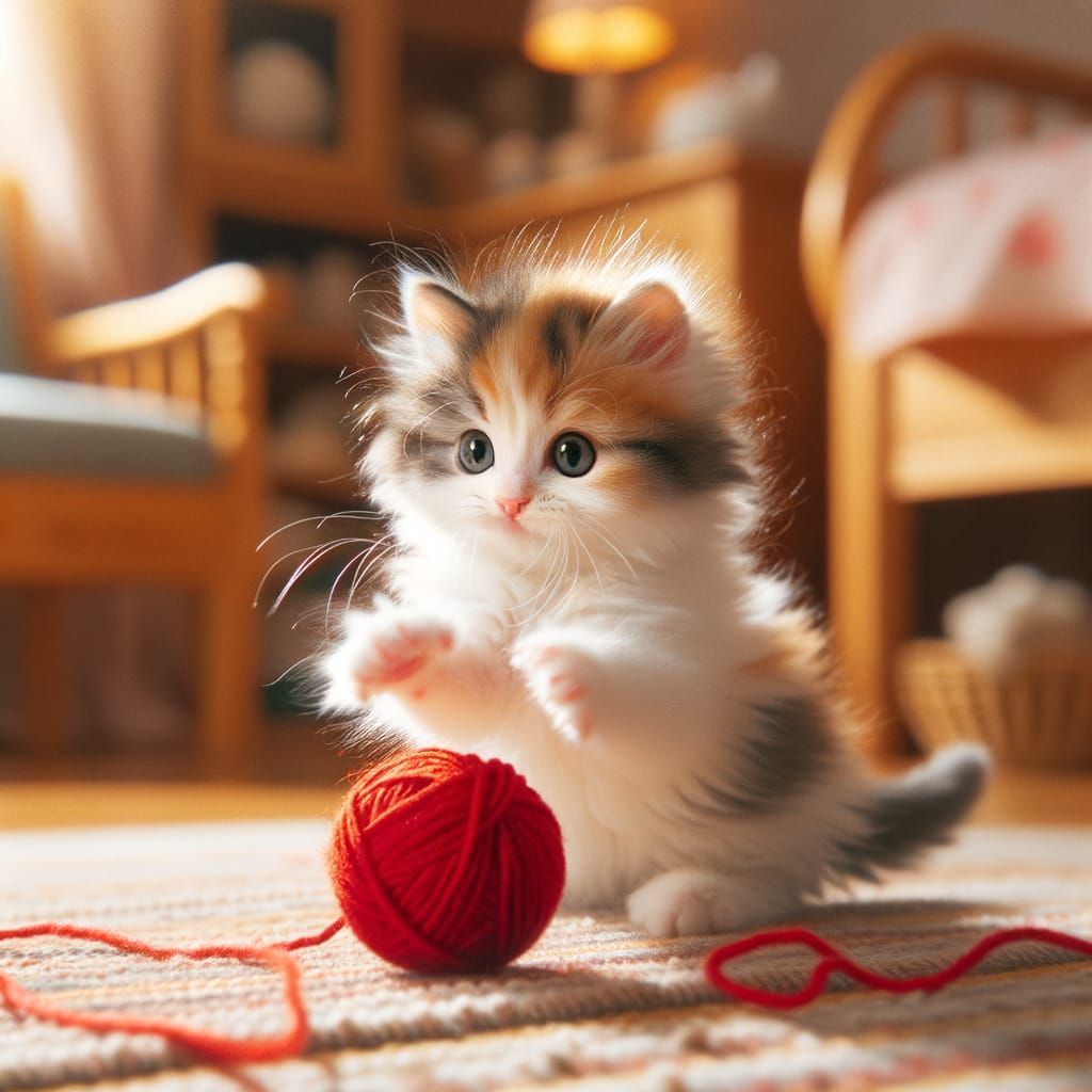 Adorable Calico Kitten Playing with Yarn Ball