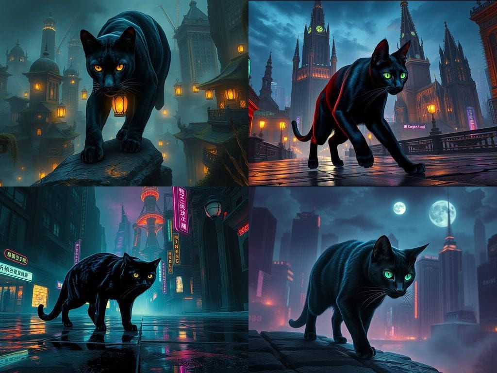 Ethereal Black Cat Embarks on a Midnight Urban Adventure
