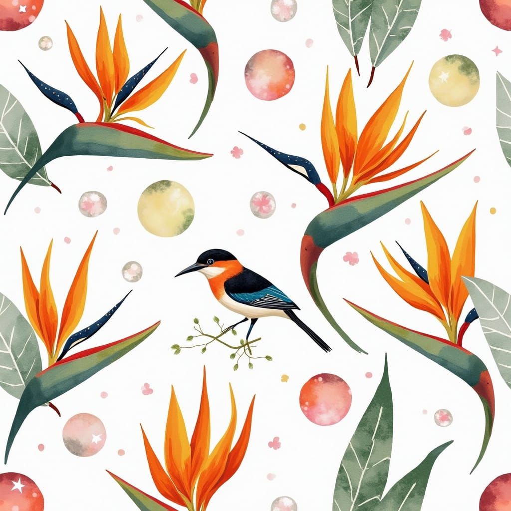 Exotic Bird of Paradise Blooms in Whimsical Floral Pattern