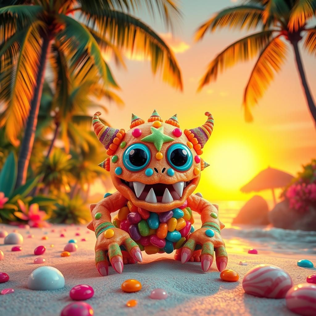 Candy Monster on Tropical Beach in Surreal Style