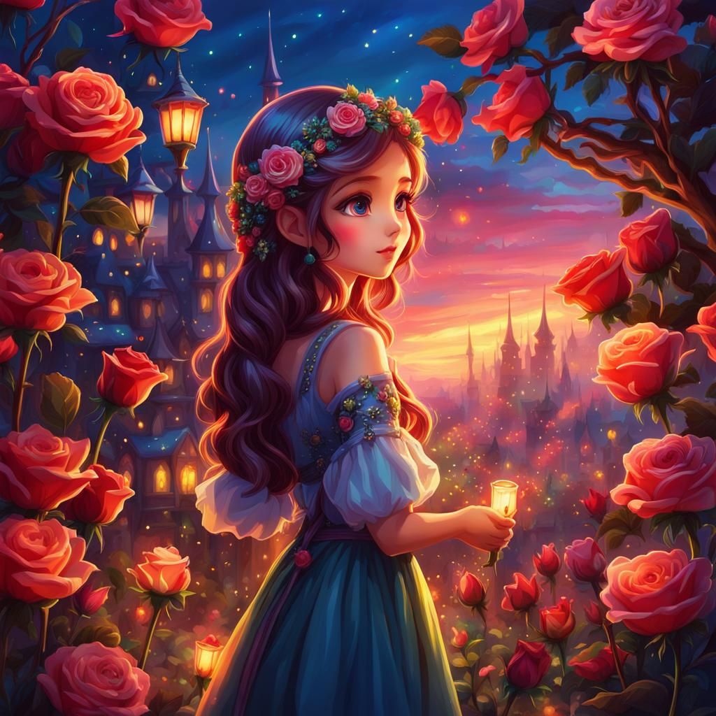 Anime Fairy in Rose Garden at Sunset