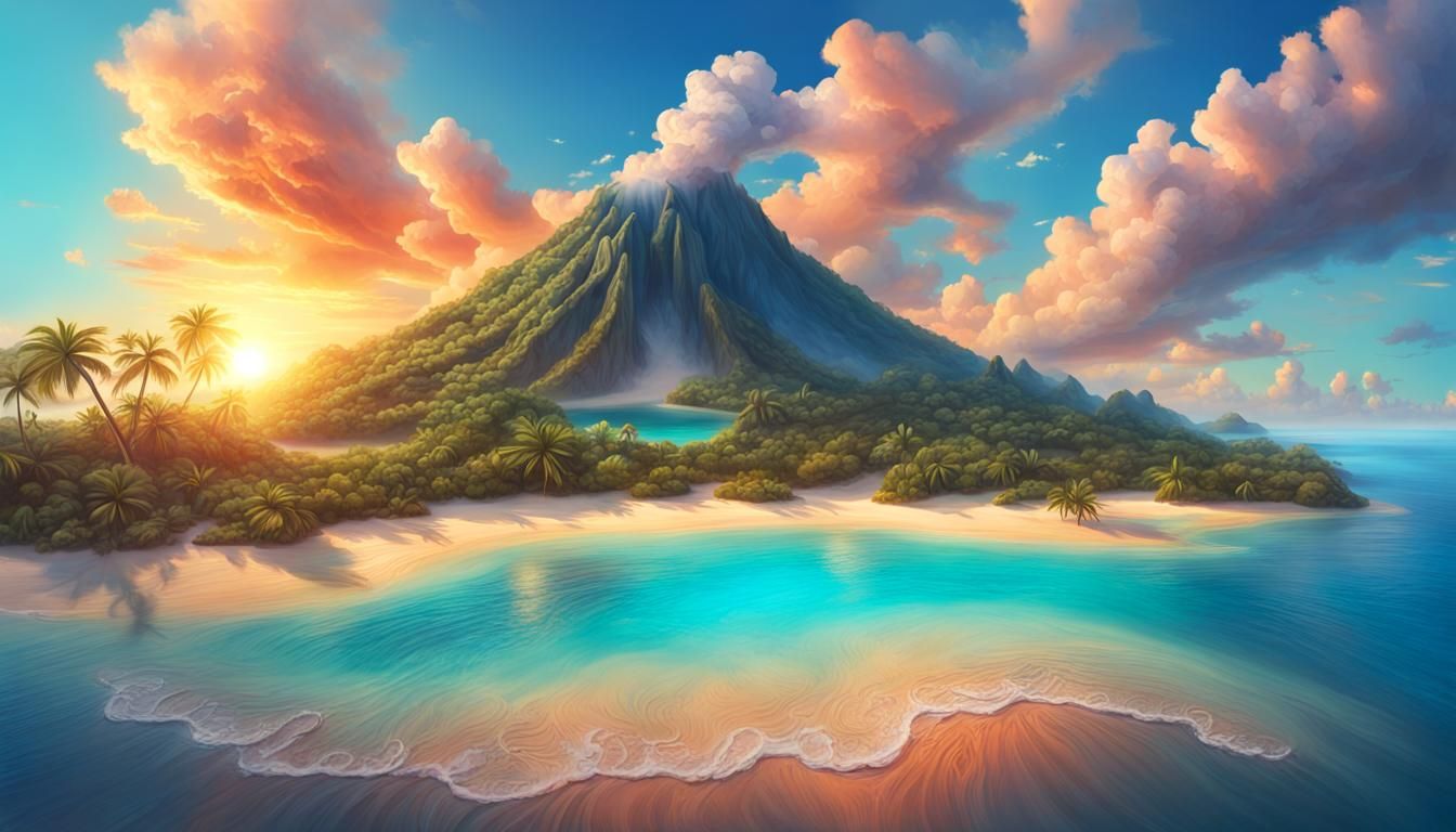 Volcano Island Oasis at Sunset: Hyperrealistic Splash Art