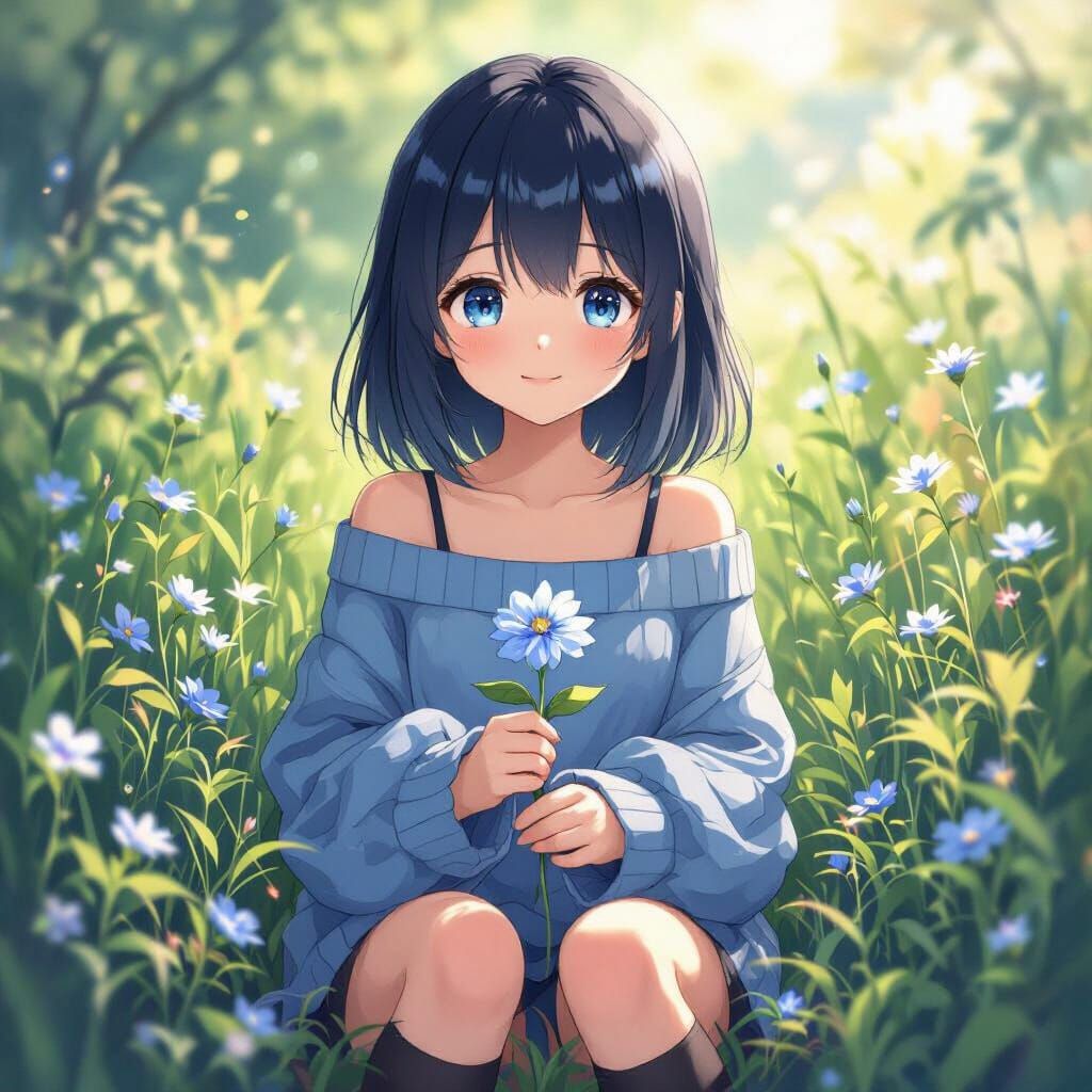 Cute Anime Girl with Blue Hair and Flower