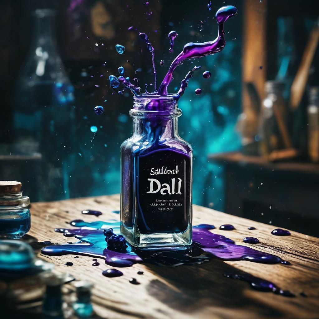 Surreal Ink Bottle Explosion in Fantasy Workshop