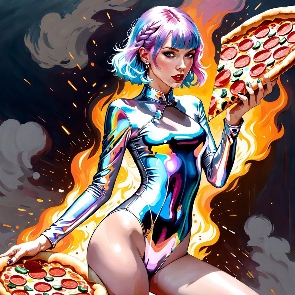 Cyborg Taylor Swift Enjoys Pizza in Sorayama Style