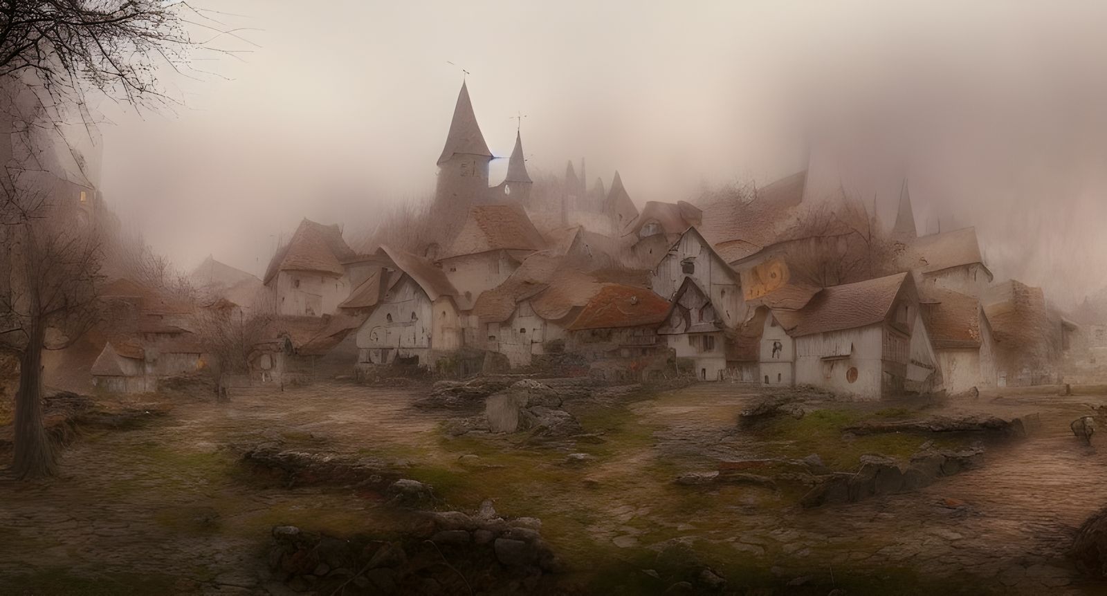 Mystical Village in Rainy Autumn Fog