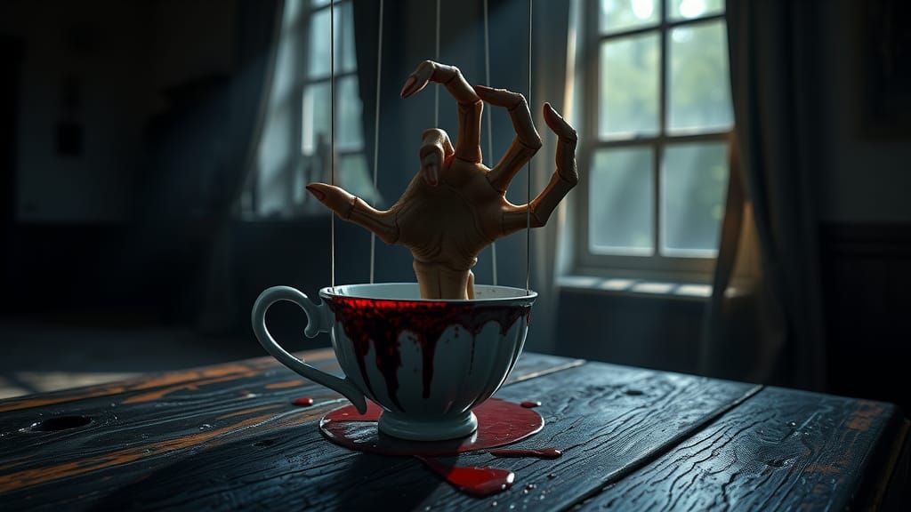 Eerie Teacup with Emerging Hand in Hyperrealism