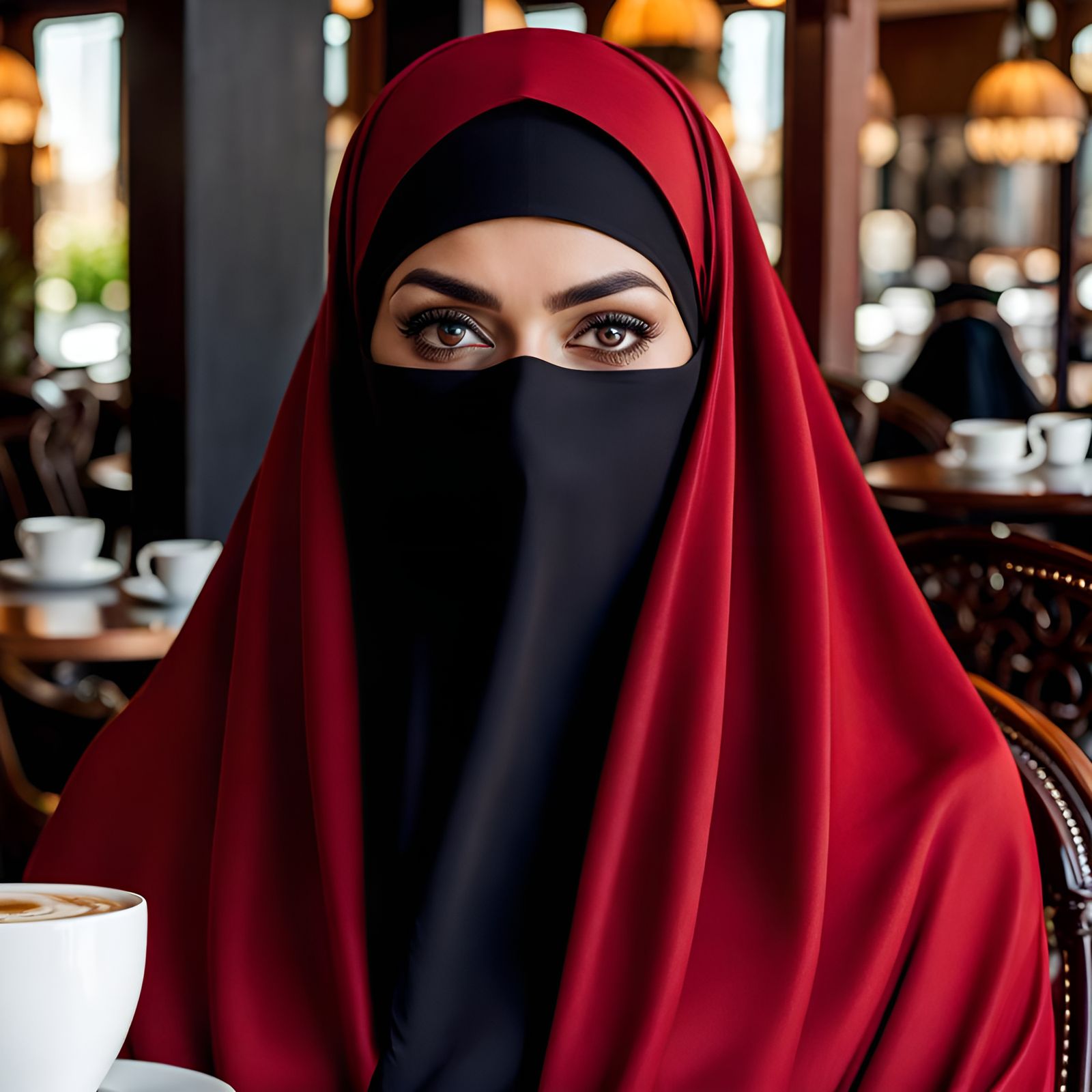 Beautiful Niqabi Woman Portrait in Cafe, 8K