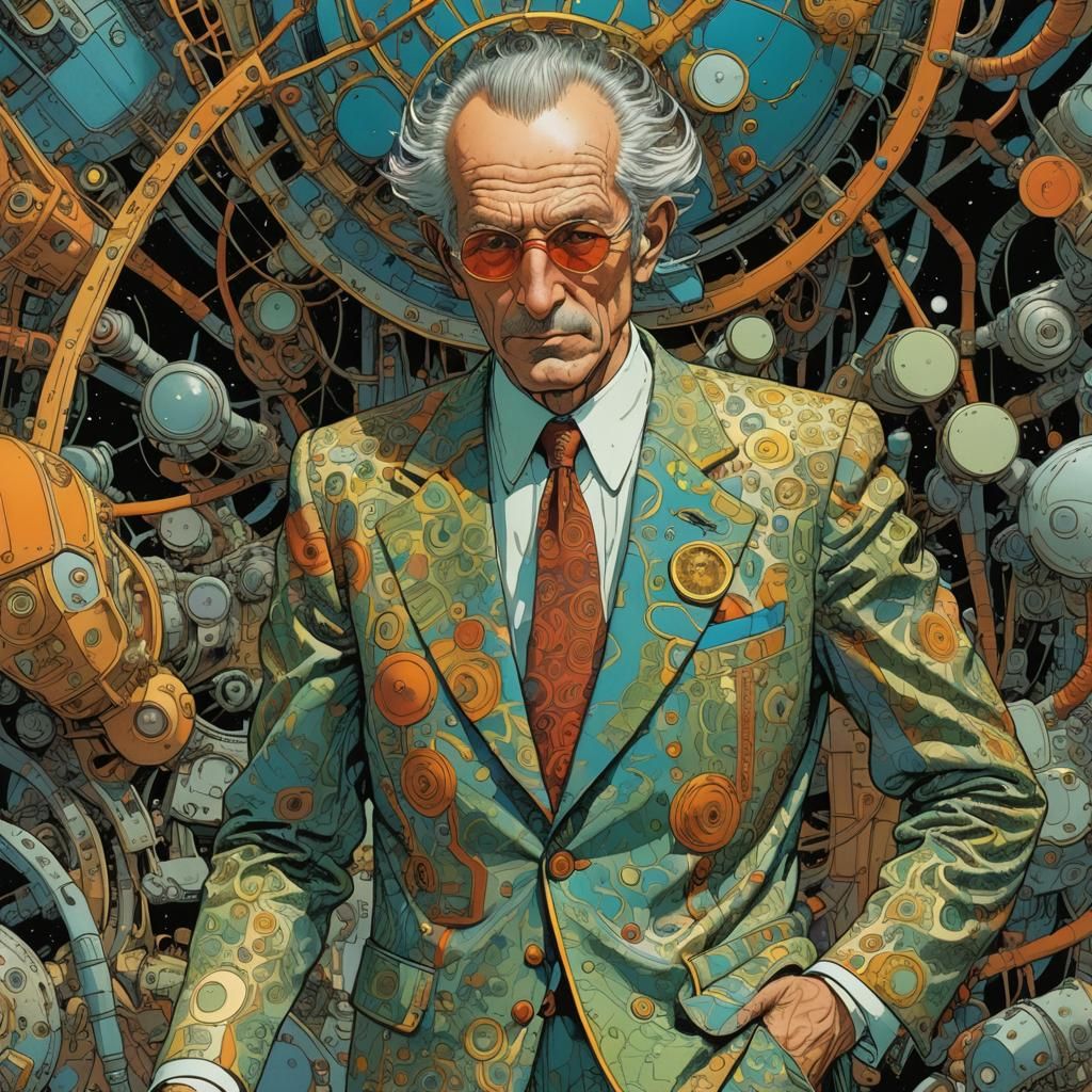 Man in Zany Suit, Moebius-Style Illustration