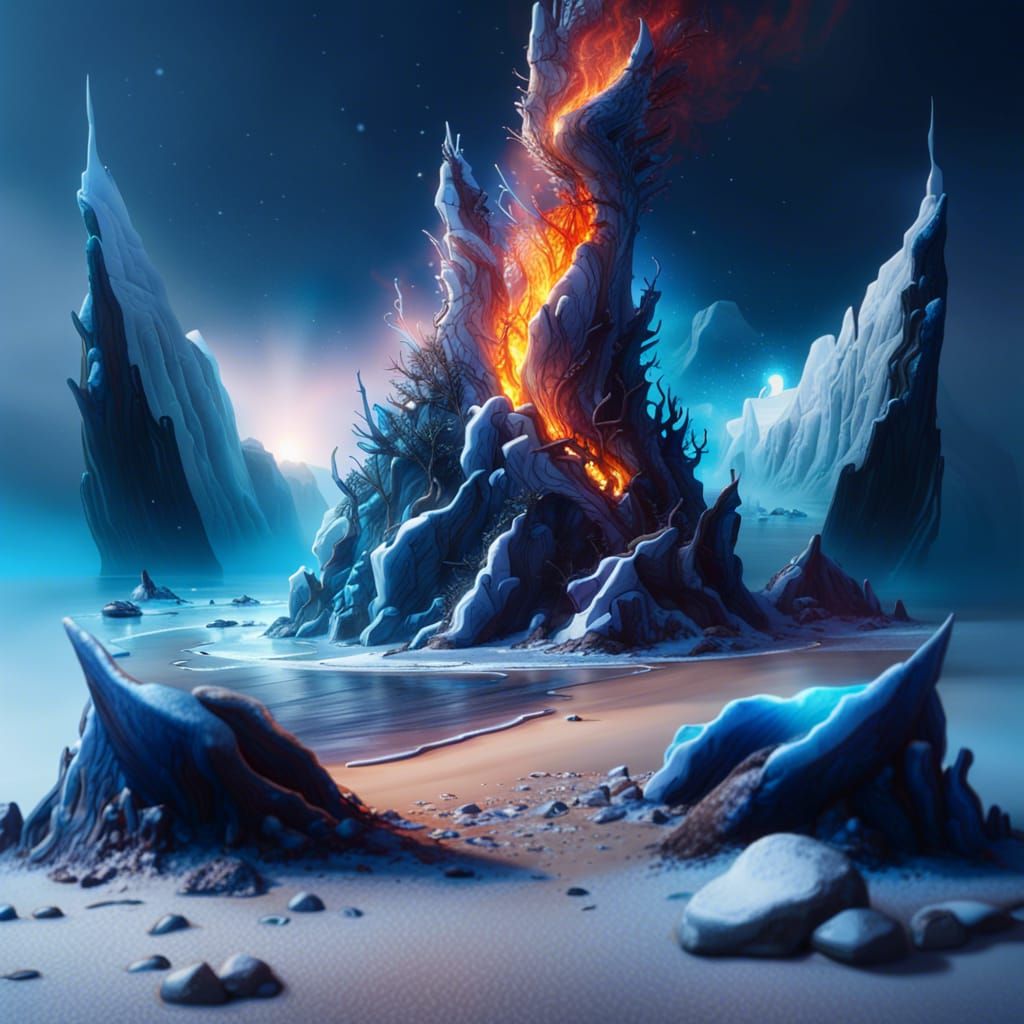 Surreal Ice and Fire Beach Landscape