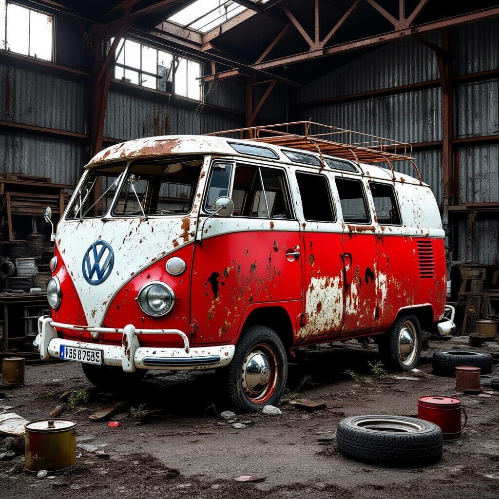 Abandoned VW Camper Van in Disused Workshop