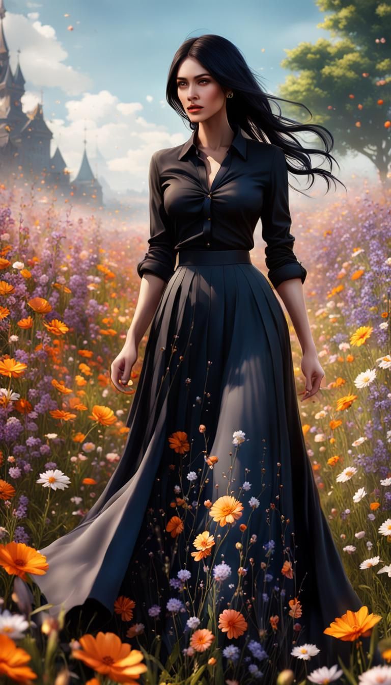 Woman in Floral Field: Detailed Fantasy Art