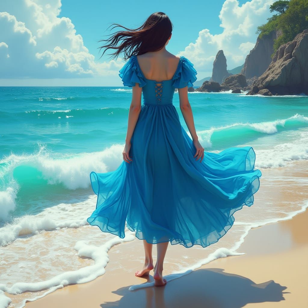 Woman in Blue Dress on Beach: Dreamlike Matte Painting