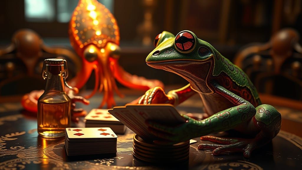 Radiant Frog Gambler in Hyper-Realistic Dark Fantasy