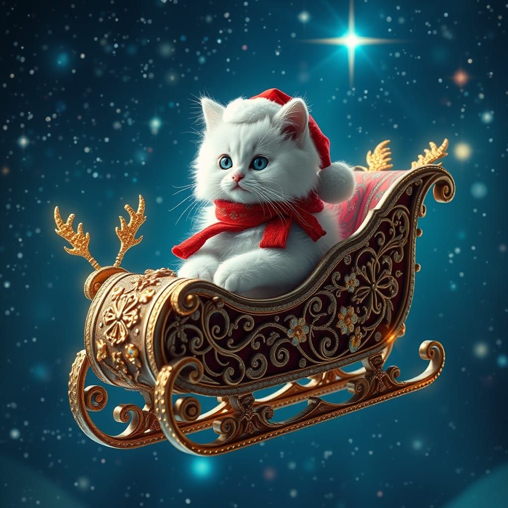 Majestic Snow-White Kitty in Starry Night Sky with Iridescen...