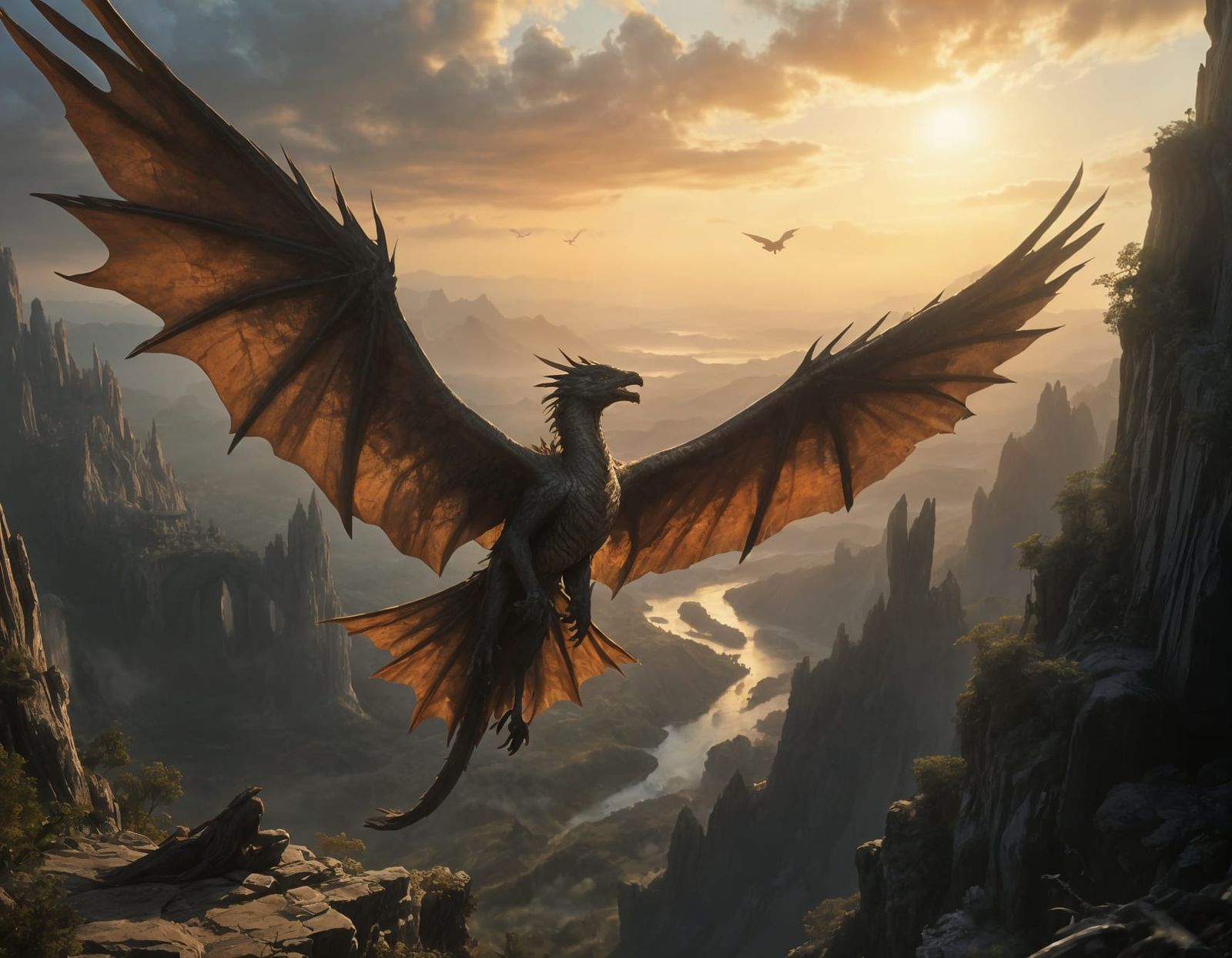 Majestic Six-Winged Dragon in Epic Landscape